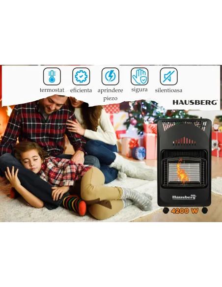 Soba pe Gaz GPL Hausberg HB-1021NG, 4.2 kW, 3 Trepte, Plăci Ceramice, Aprindere Piezoelectrică, Siguranță Automată, Sistem Mobil