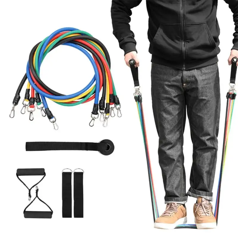 Set benzi elastice pentru exercitii multiple, 11 piese, pentru Sala, Yoga, Pilates, Recuperare, 48" lungime, multicolor