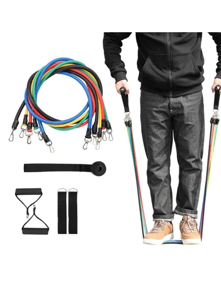 Set benzi elastice pentru exercitii multiple, 11 piese, pentru Sala, Yoga, Pilates, Recuperare, 48" lungime, multicolor