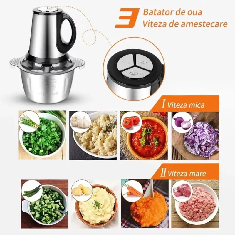Tocator inox carne și legume, Electric 300W, 4 lame, Capacitate 3L, Argintiu