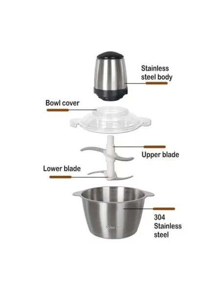 Tocator inox carne și legume, Electric 300W, 4 lame, Capacitate 3L, Argintiu