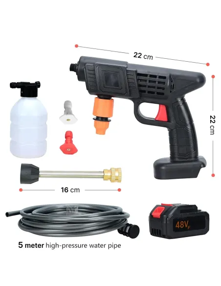 Pistol de spalat cu presiune, 8L/min, cu acumulator de 48Vf, trusa plastic