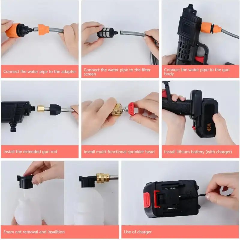 Pistol de spalat cu presiune, 8L/min, cu acumulator de 48Vf, trusa plastic