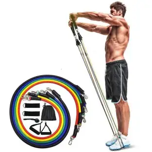 Set benzi elastice pentru exercitii multiple, 11 piese, pentru Sala, Yoga, Pilates, Recuperare, 48" lungime, multicolor