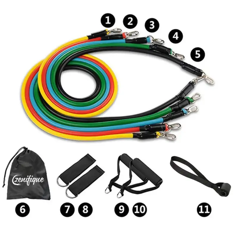 Set benzi elastice pentru exercitii multiple, 11 piese, pentru Sala, Yoga, Pilates, Recuperare, 48" lungime, multicolor