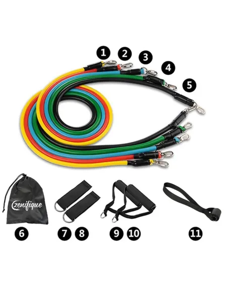 Set benzi elastice pentru exercitii multiple, 11 piese, pentru Sala, Yoga, Pilates, Recuperare, 48" lungime, multicolor