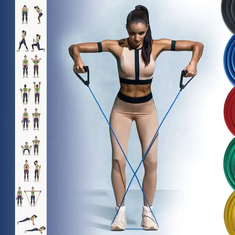Set benzi elastice pentru exercitii multiple, 11 piese, pentru Sala, Yoga, Pilates, Recuperare, 48" lungime, multicolor
