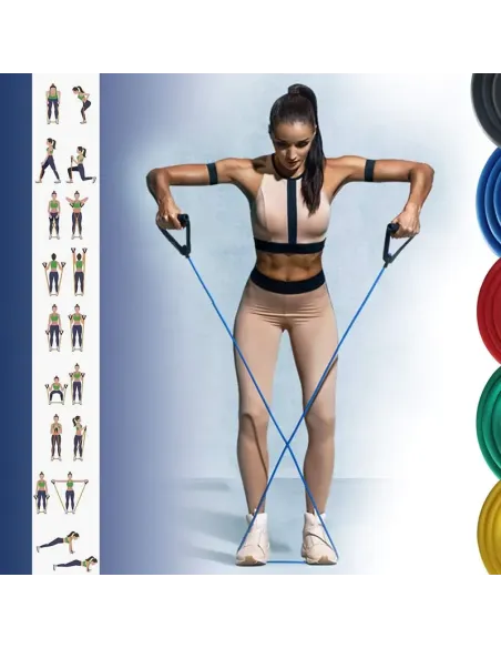 Set benzi elastice pentru exercitii multiple, 11 piese, pentru Sala, Yoga, Pilates, Recuperare, 48" lungime, multicolor