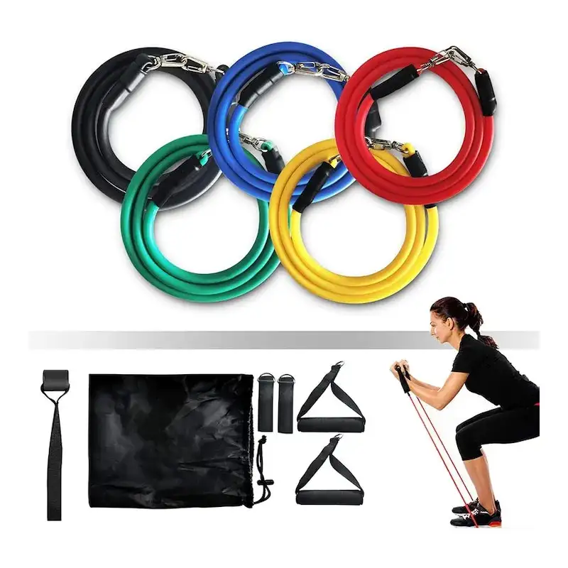 Set benzi elastice pentru exercitii multiple, 11 piese, pentru Sala, Yoga, Pilates, Recuperare, 48" lungime, multicolor