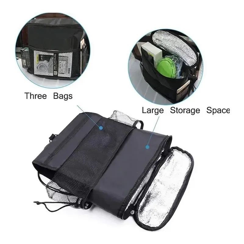 Organizator scaun auto cu buzunar termoizolant si suport cutie servetele