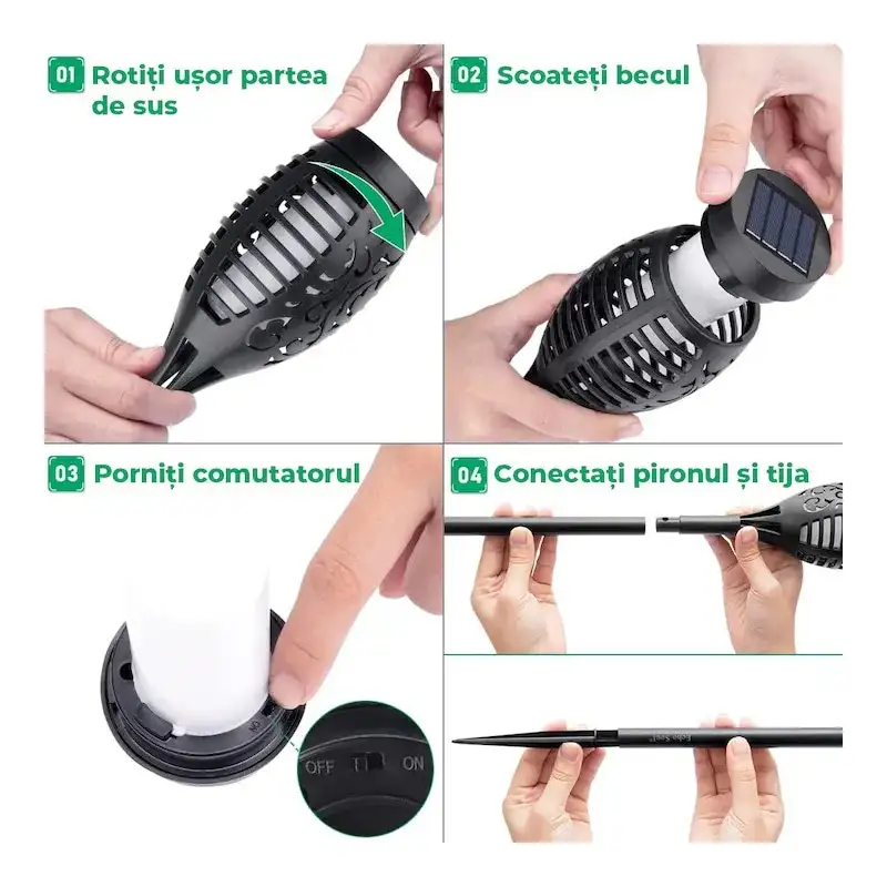 Set 8 x lampa solara tip torta cu efect de flacara falsa, 51cm, rezistente la intemperii, IP65