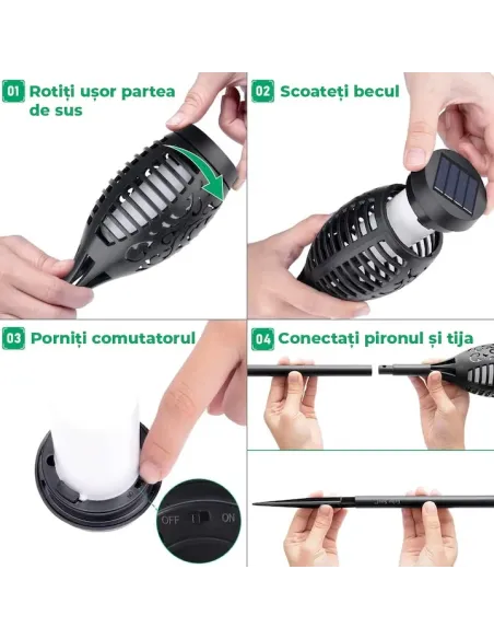 Set 8 x lampa solara tip torta cu efect de flacara falsa, 51cm, rezistente la intemperii, IP65