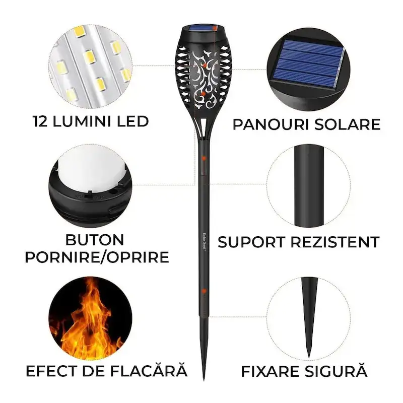 Set 8 x lampa solara tip torta cu efect de flacara falsa, 51cm, rezistente la intemperii, IP65