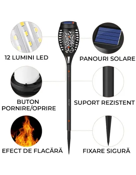 Set 8 x lampa solara tip torta cu efect de flacara falsa, 51cm, rezistente la intemperii, IP65