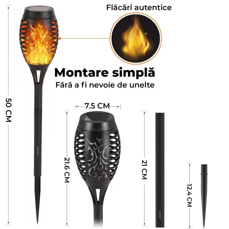 Set 8 x lampa solara tip torta cu efect de flacara falsa, 51cm, rezistente la intemperii, IP65