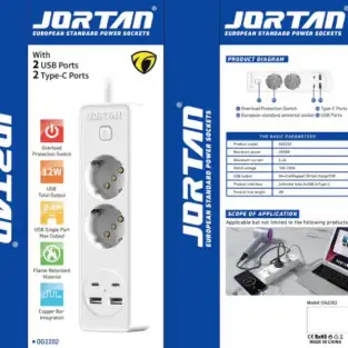 Set 2 x Prelungitor Jortan cu 2 Prize, 2 USB și 2 USB-C 2