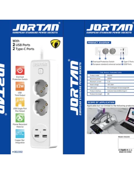 Set 2 x Prelungitor Jortan cu 2 Prize, 2 USB și 2 USB-C