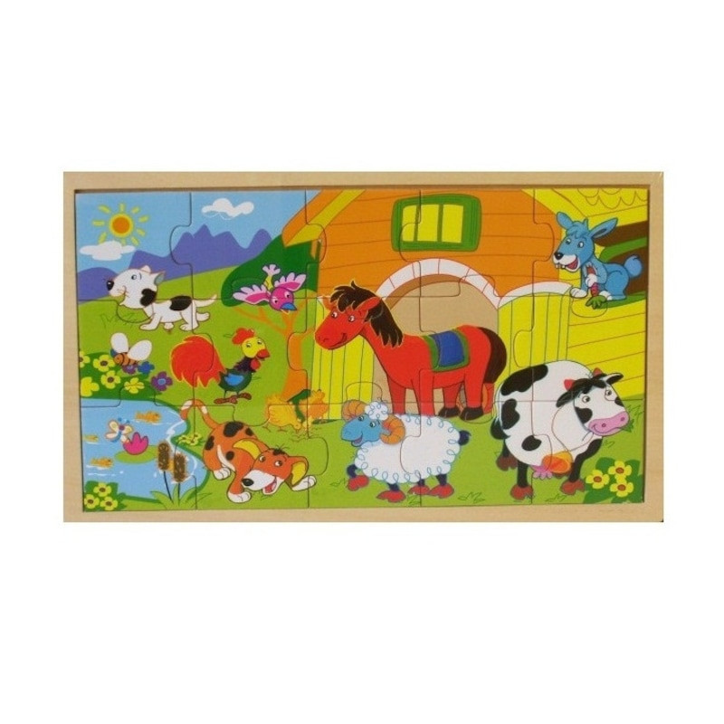Puzzle Lemn 15 Piese M405 – Animale Domestice, Joc Educațional pentru Copii 10+ Luni