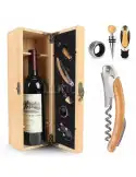 Set elegant în cutie de lemn cu accesorii pentru vin – tirbușon profesional, dop elegant, inel antipicurare și cutter folie