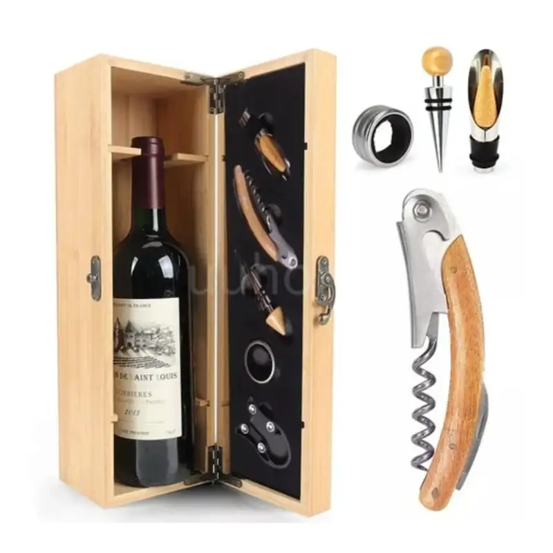 Set elegant în cutie de lemn cu accesorii pentru vin – tirbușon profesional, dop elegant, inel antipicurare și cutter folie