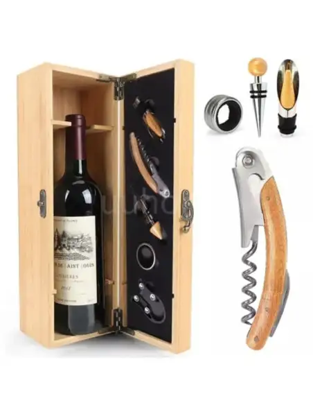 Set elegant în cutie de lemn cu accesorii pentru vin – tirbușon profesional, dop elegant, inel antipicurare și cutter folie