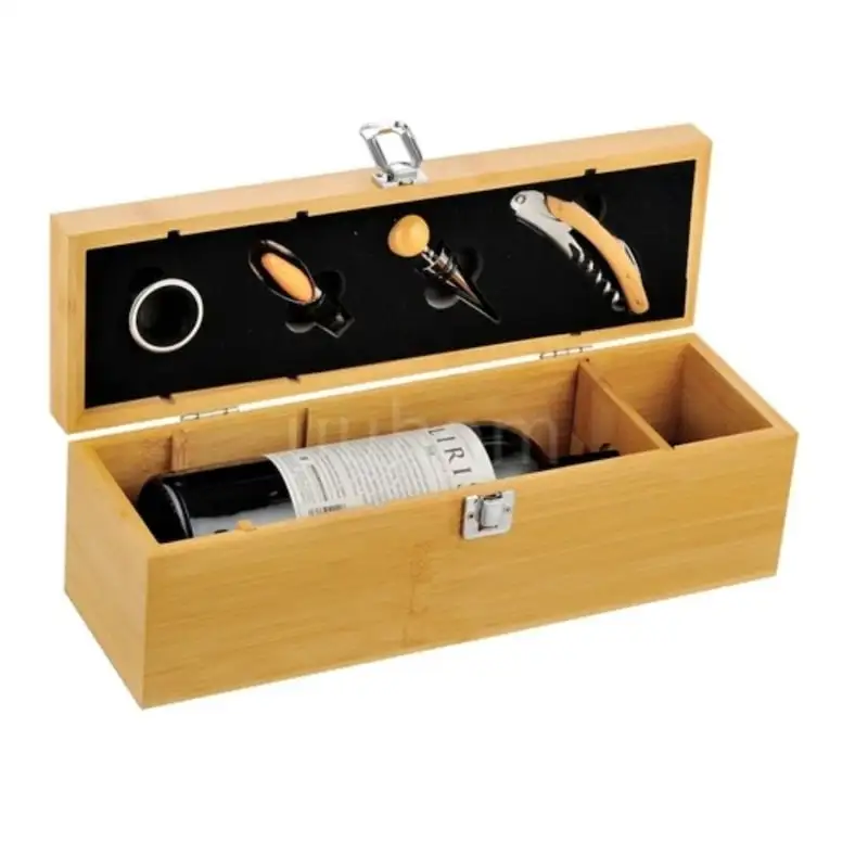 Set elegant în cutie de lemn cu accesorii pentru vin – tirbușon profesional, dop elegant, inel antipicurare și cutter folie