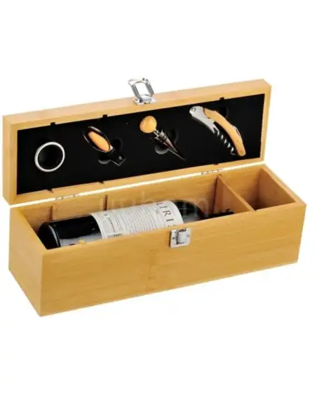 Set elegant în cutie de lemn cu accesorii pentru vin – tirbușon profesional, dop elegant, inel antipicurare și cutter folie