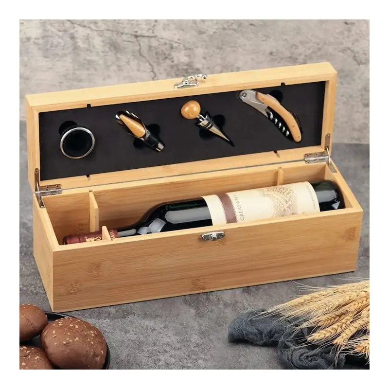 Set elegant în cutie de lemn cu accesorii pentru vin – tirbușon profesional, dop elegant, inel antipicurare și cutter folie