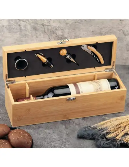 Set elegant în cutie de lemn cu accesorii pentru vin – tirbușon profesional, dop elegant, inel antipicurare și cutter folie