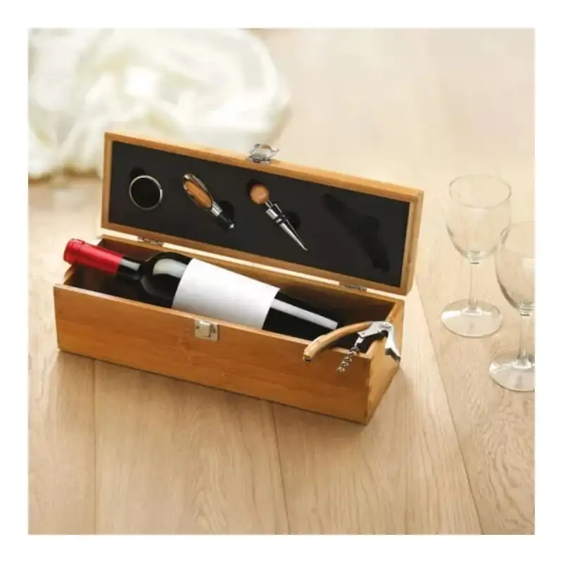 Set elegant în cutie de lemn cu accesorii pentru vin – tirbușon profesional, dop elegant, inel antipicurare și cutter folie