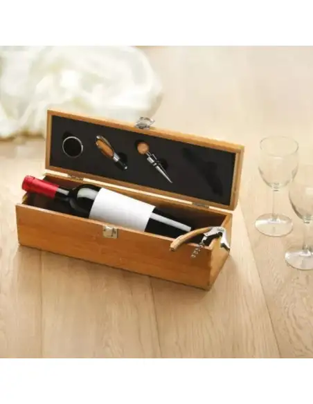 Set elegant în cutie de lemn cu accesorii pentru vin – tirbușon profesional, dop elegant, inel antipicurare și cutter folie