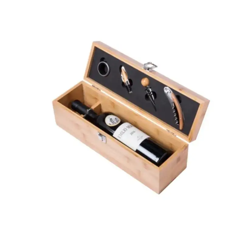 Set elegant în cutie de lemn cu accesorii pentru vin – tirbușon profesional, dop elegant, inel antipicurare și cutter folie