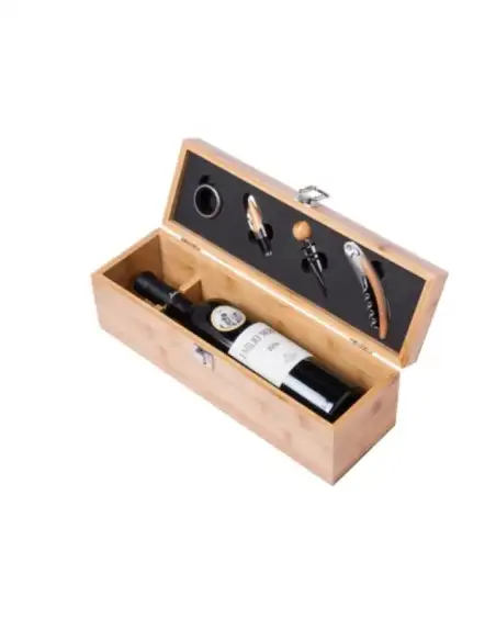 Set elegant în cutie de lemn cu accesorii pentru vin – tirbușon profesional, dop elegant, inel antipicurare și cutter folie