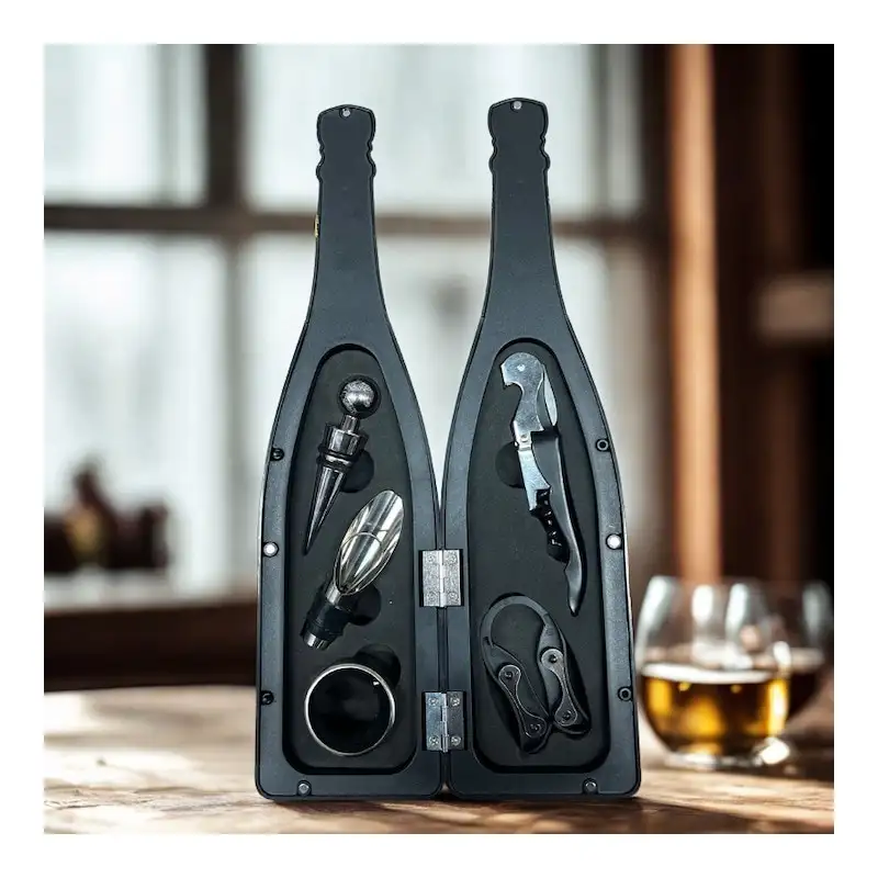 Set cadou pentru vin cu 5 accesorii în suport sub forma de sticla