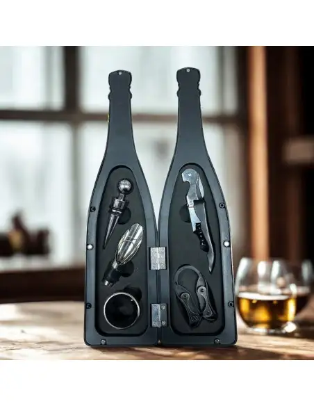 Set cadou pentru vin cu 5 accesorii în suport sub forma de sticla