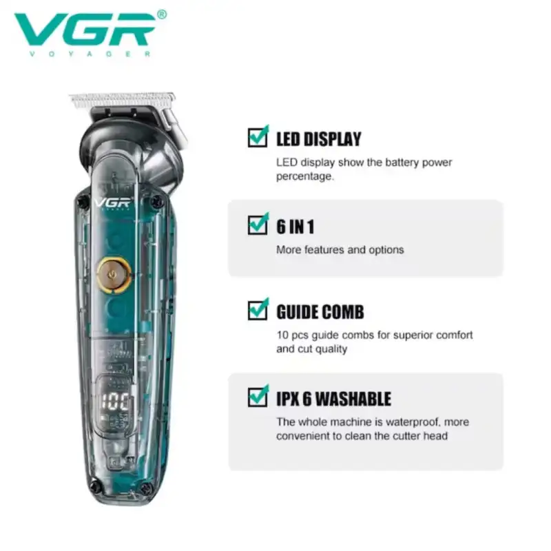 Mașină de Tuns Profesională cu Afișaj LED VGR V-102, 6in1, Lame din Oțel Inoxidabil, Acumulator Reîncărcabil și Încărcare USB