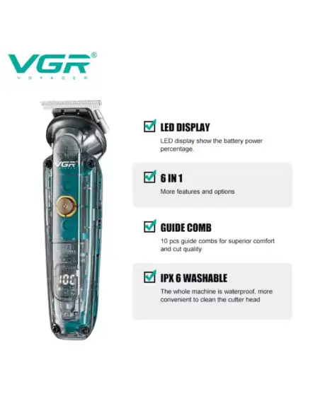 Mașină de Tuns Profesională cu Afișaj LED VGR V-102, 6in1, Lame din Oțel Inoxidabil, Acumulator Reîncărcabil și Încărcare USB