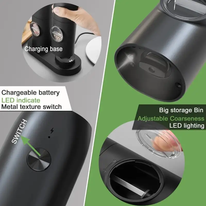 Set 2 rasnite electrice pentru sare si piper, cu baza de incarcare si cablu USB