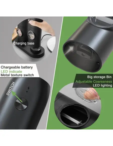 Set 2 rasnite electrice pentru sare si piper, cu baza de incarcare si cablu USB