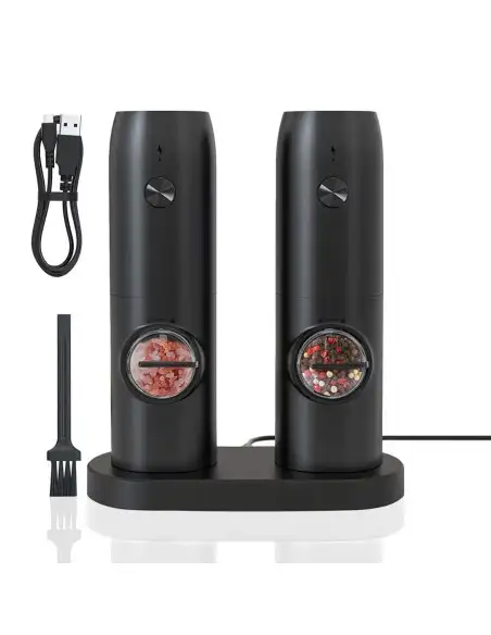 Set 2 rasnite electrice pentru sare si piper, cu baza de incarcare si cablu USB
