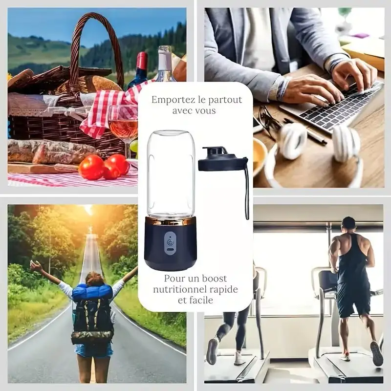 Blender portabil electric pentru smoothie, 500 ml, reîncărcabil USB, sticlă cu capac