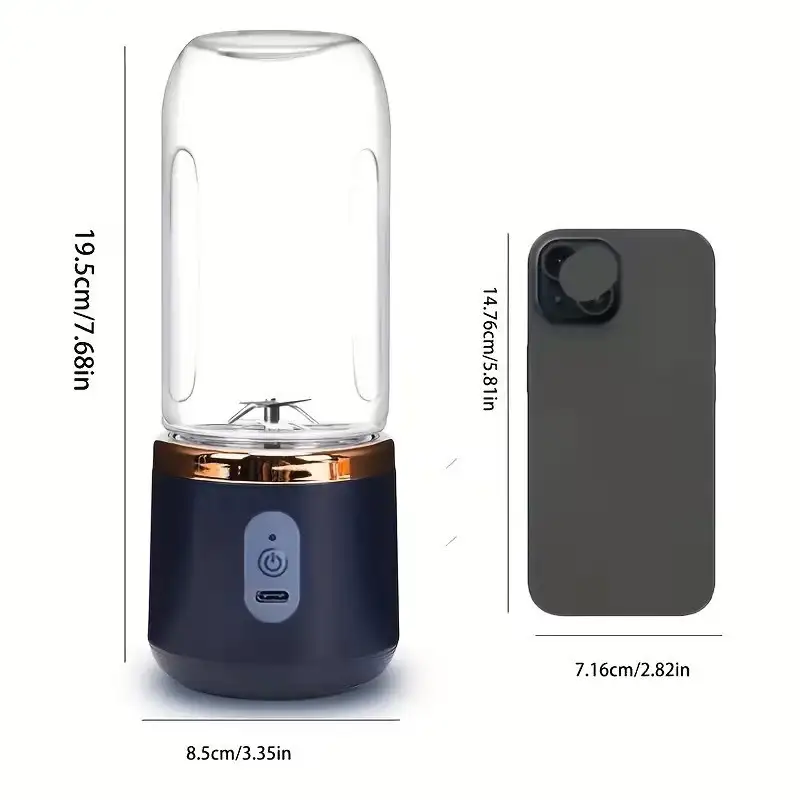 Blender portabil electric pentru smoothie, 500 ml, reîncărcabil USB, sticlă cu capac