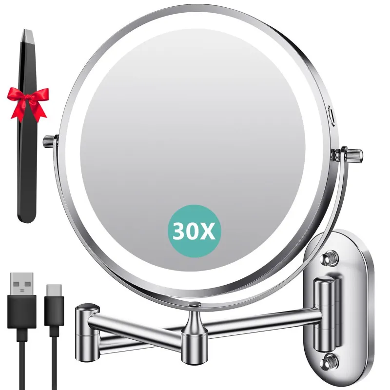 Auxmir Cosmetic Mirror with Lighting, 1X/30X Rechargeable Makeup Mirror, 3200mAh Shaving Mirror Wall Mounted, Dimmable Magnifyin