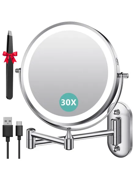 Auxmir Cosmetic Mirror with Lighting, 1X/30X Rechargeable Makeup Mirror, 3200mAh Shaving Mirror Wall Mounted, Dimmable Magnifyin