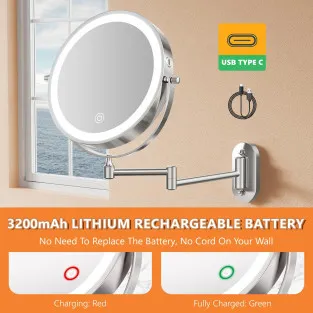 Auxmir Cosmetic Mirror with Lighting, 1X/30X Rechargeable Makeup Mirror, 3200mAh Shaving Mirror Wall Mounted, Dimmable Magnifyin 2