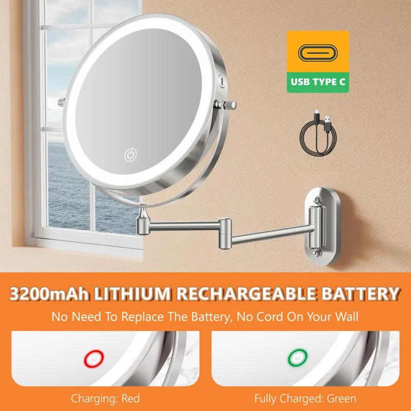 Auxmir Cosmetic Mirror with Lighting, 1X/30X Rechargeable Makeup Mirror, 3200mAh Shaving Mirror Wall Mounted, Dimmable Magnifyin