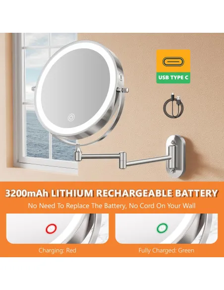 Auxmir Cosmetic Mirror with Lighting, 1X/30X Rechargeable Makeup Mirror, 3200mAh Shaving Mirror Wall Mounted, Dimmable Magnifyin