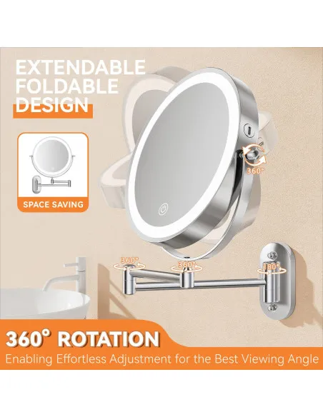 Auxmir Cosmetic Mirror with Lighting, 1X/30X Rechargeable Makeup Mirror, 3200mAh Shaving Mirror Wall Mounted, Dimmable Magnifyin