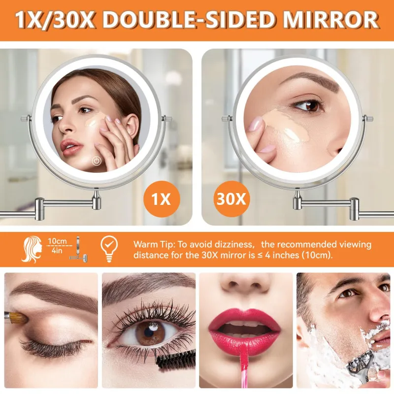 Auxmir Cosmetic Mirror with Lighting, 1X/30X Rechargeable Makeup Mirror, 3200mAh Shaving Mirror Wall Mounted, Dimmable Magnifyin