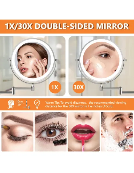 Auxmir Cosmetic Mirror with Lighting, 1X/30X Rechargeable Makeup Mirror, 3200mAh Shaving Mirror Wall Mounted, Dimmable Magnifyin